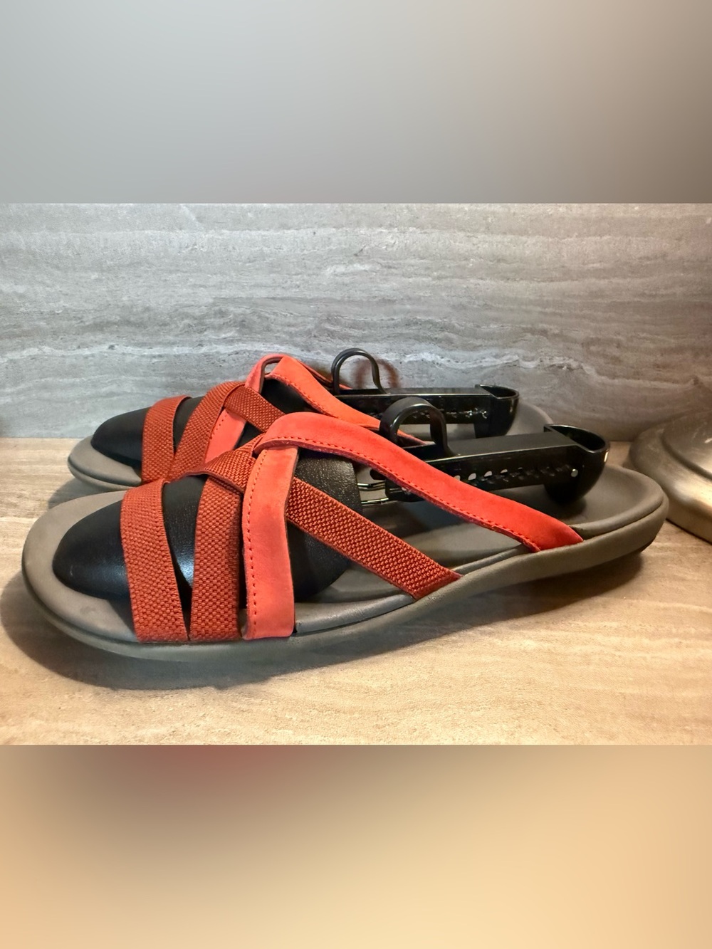 Spenco Orthotic Slide Sandals Womens 10 Red Leather Textile Strappy Comfort